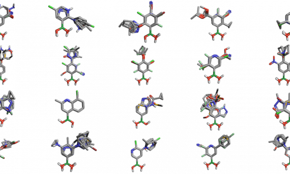 3D representations of all 20 clusters generated from 200 boronic acids aligned to each other using the B-C bond of the boronic acids
